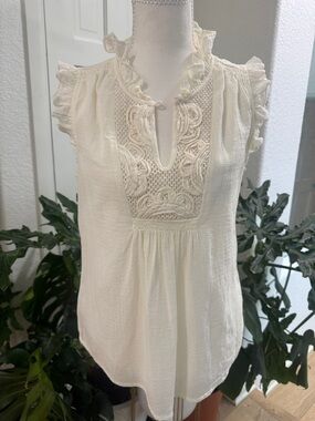 LOFT Cream Crochet Yoke Ruffle Sleeveless Top - Spring Top SP